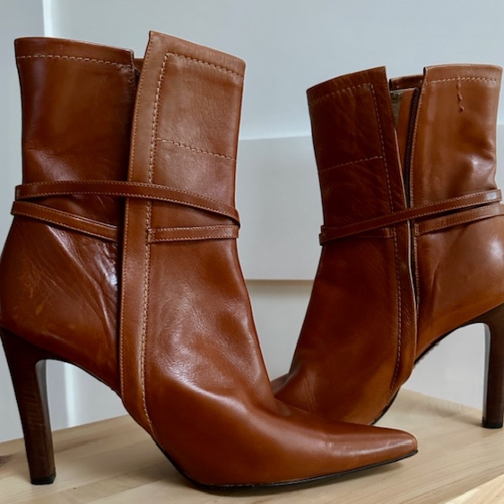 BRAND NEW Vintage Lambertson Truex Cognac Leather Boots 4.25" Heels EU 40 / US 9 - Picture 2 of 12